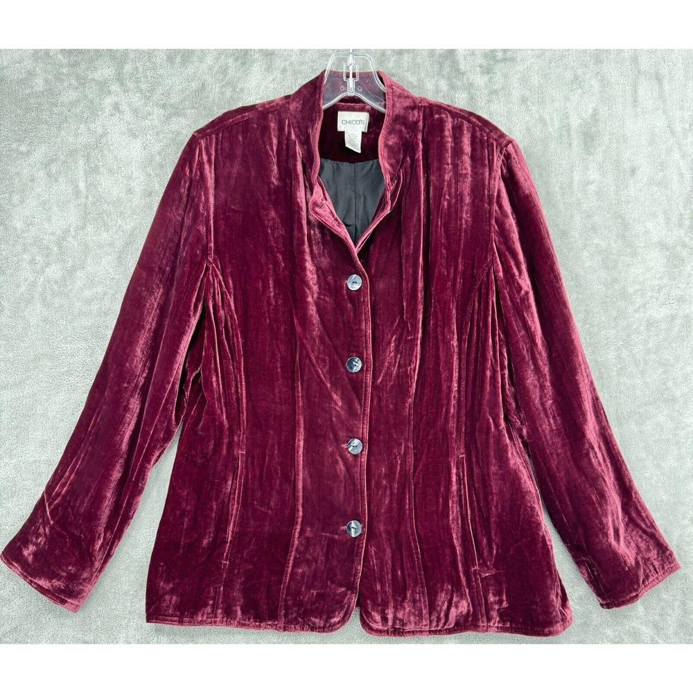 Chicos Blouse 1 US Medium 8 Velvet Fitted Button Whimsigoth Maroon Lined Vamp